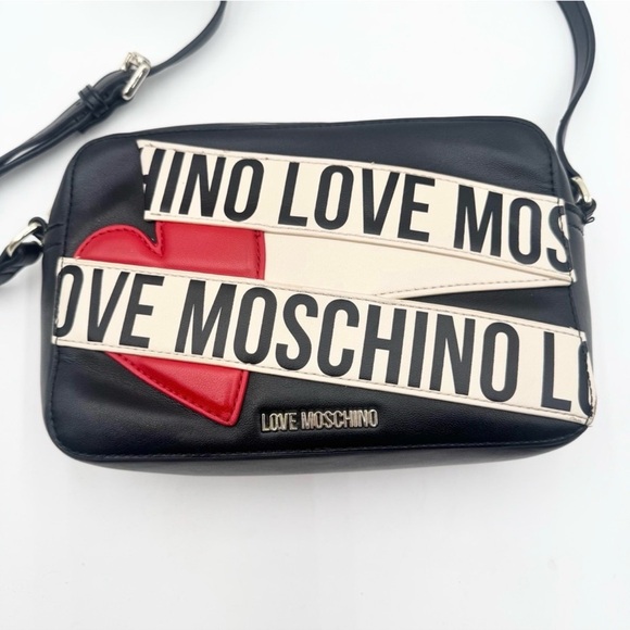 Love Moschino Handbags - Love Moschino Black Crossbody with Red Heart and White Logo Straps